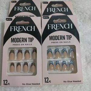 Press-On Nails Short Coffin Nude Modern French Blue & Black Tip Bundle